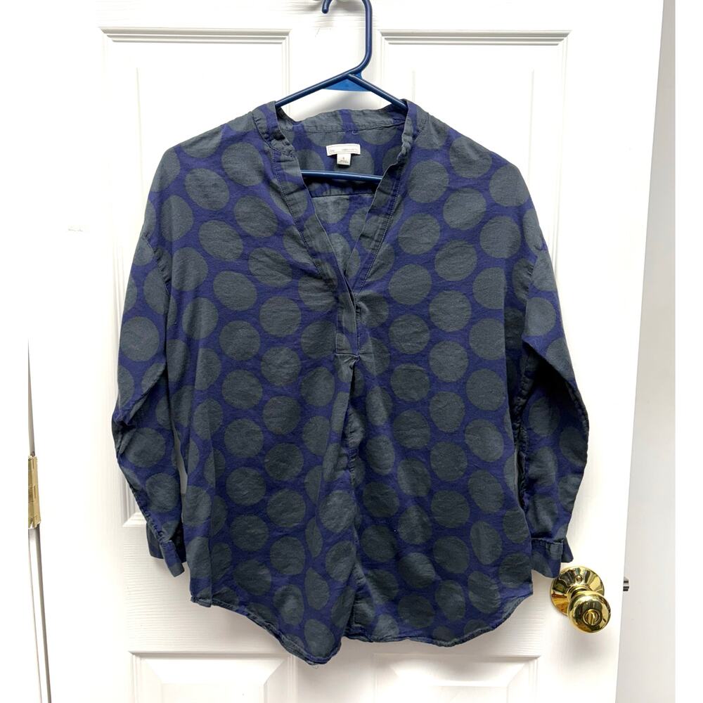 Gap Blouse Navy Blue Green Circle Blouse Henley 3/4 Sleeves, Women's Size S